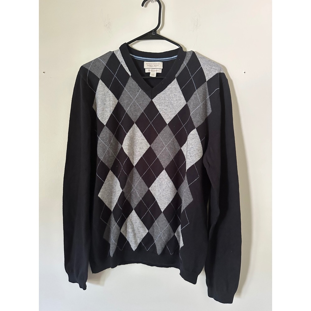 Banana‎ Republic Cashmere Blend Mens Argyle V-Neck Sweater M Cotton